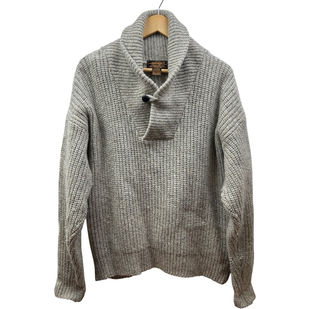 Eddie Bauer Sweater Mens L‎ Shawl Collar Wool Blend Taupe Fisherman Pullover Vtg